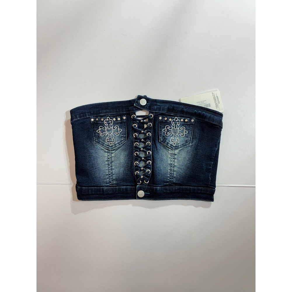 Outcast Tube Top Women Medium Blue Denim Lace Up Embroidered Cross Y2K Strapless